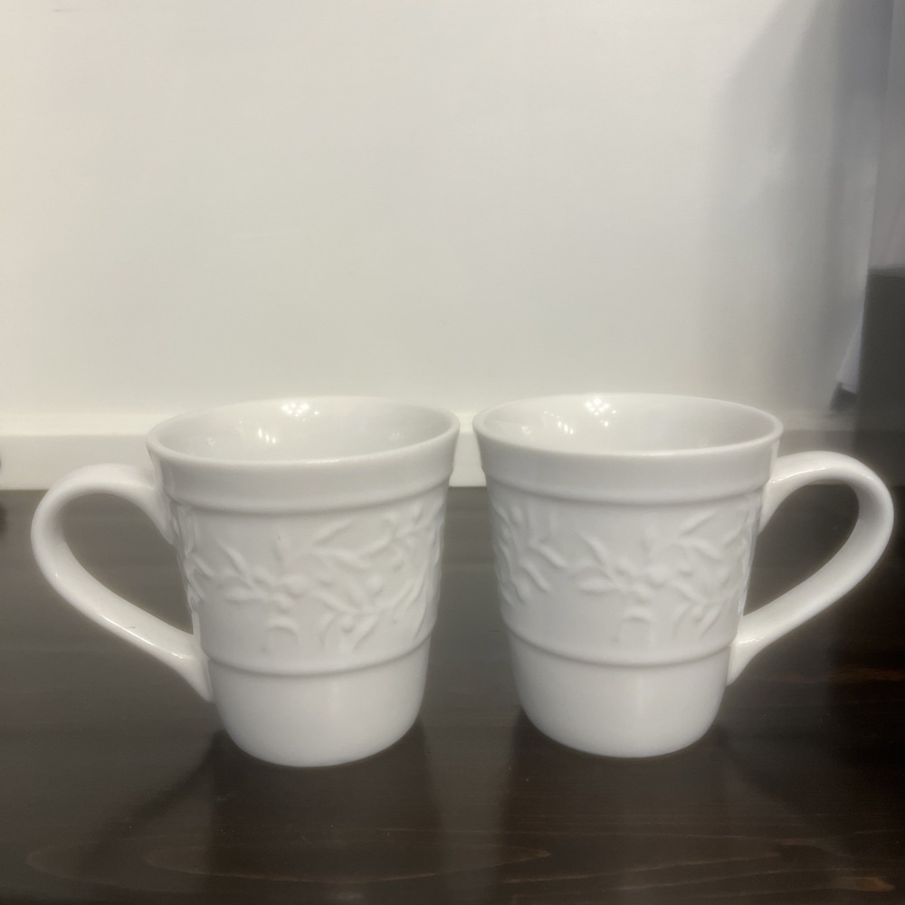 2- HOLIDAY HOME White embellihed mugs EUC